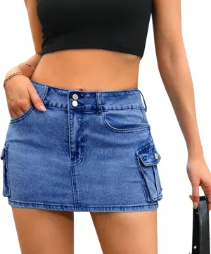 Womens Cargo Skirt Y2k Low Waist Button Bodycon Denim Mini Skirt with Flap Pockets