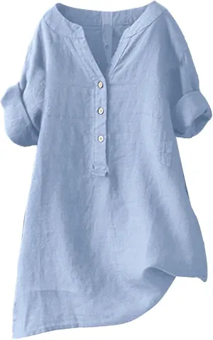 Womens Collared Button Down Shirt V Neck Short Sleeve Linen Summer Casual Work Blouse Top Loose Fit Tee Top