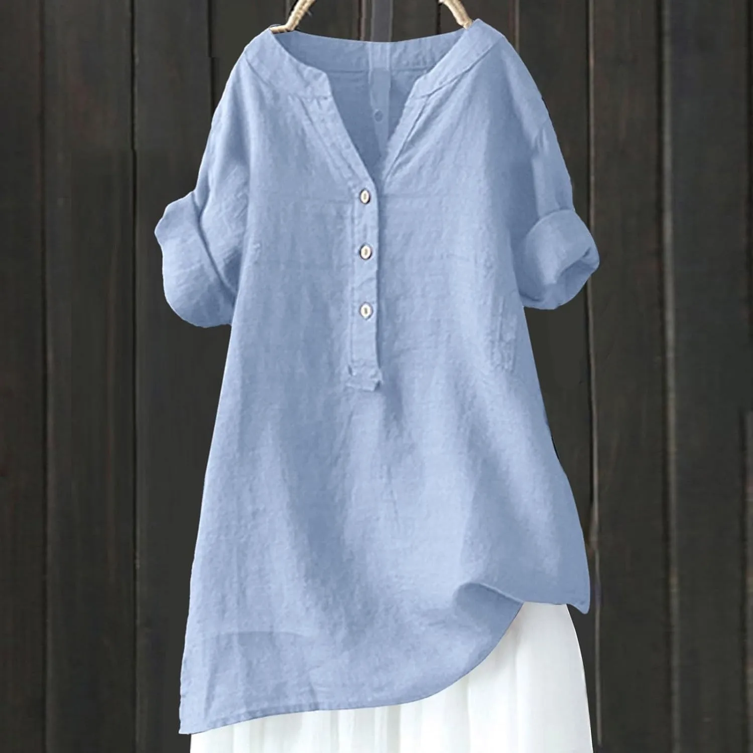 Womens Collared Button Down Shirt V Neck Short Sleeve Linen Summer Casual Work Blouse Top Loose Fit Tee Top