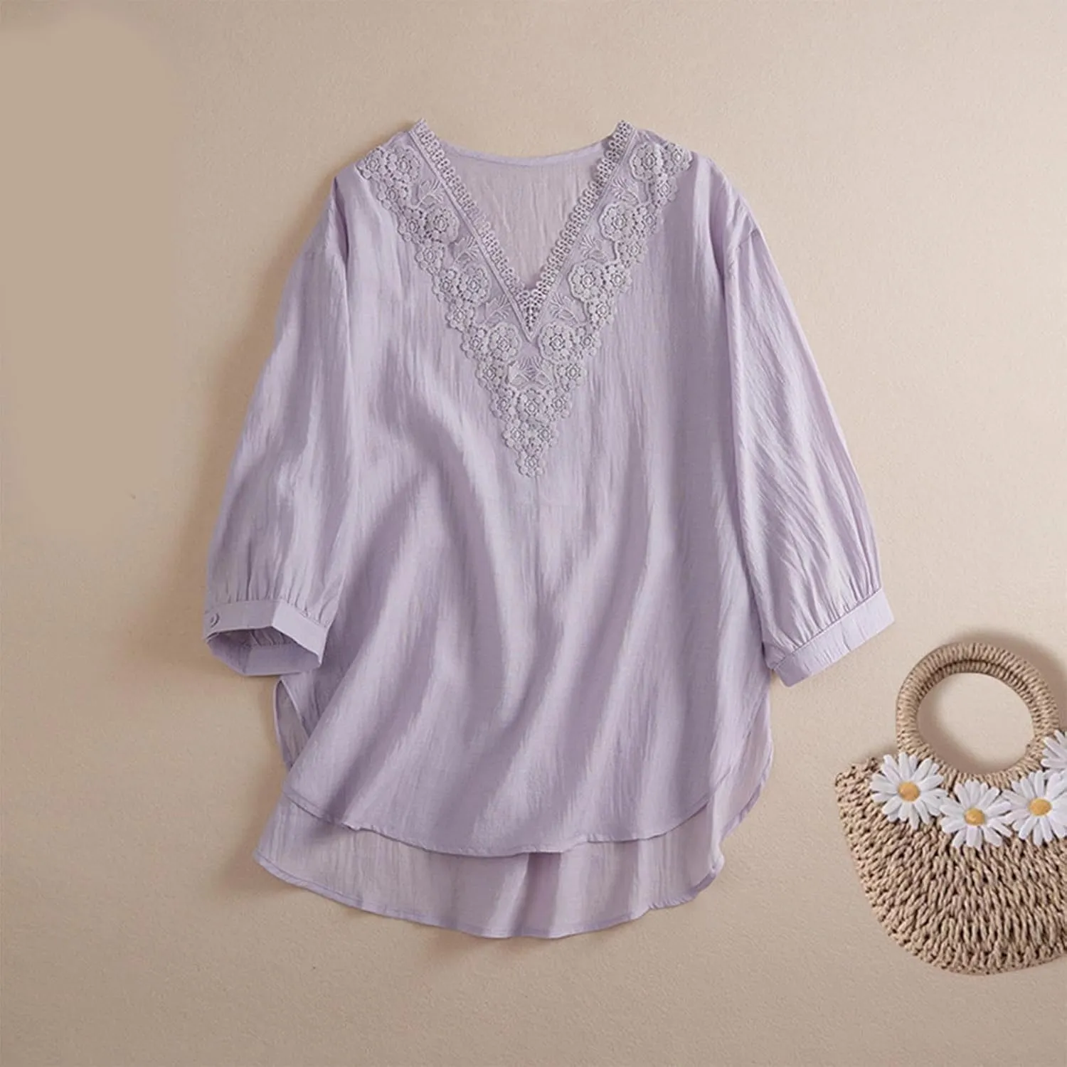 Women's Cotton Linen Embroidered Blouse Summer Floral Lace V-Neck Tunic Top Vintage Boho Short Sleeve Hi-Low Hem Shirts