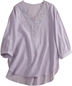 Women's Cotton Linen Embroidered Blouse Summer Floral Lace V-Neck Tunic Top Vintage Boho Short Sleeve Hi-Low Hem Shirts