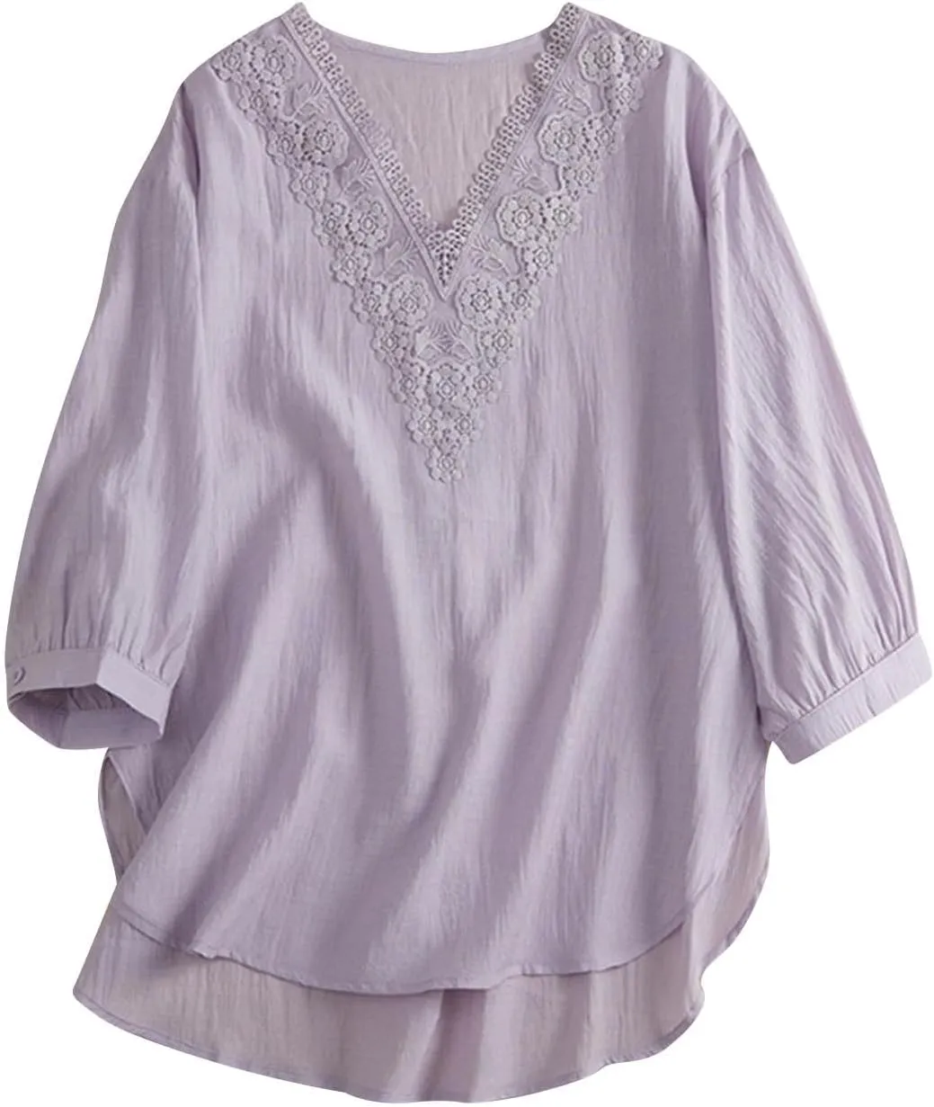 Women's Cotton Linen Embroidered Blouse Summer Floral Lace V-Neck Tunic Top Vintage Boho Short Sleeve Hi-Low Hem Shirts