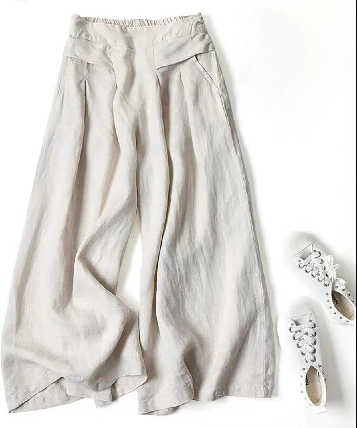 Women's Cotton Linen Palazzo Trousers Elastic Waist Wide Leg Capri Pants Summer Trendy Vacation Breathable Flowy Pant