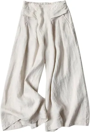 Women's Cotton Linen Palazzo Trousers Elastic Waist Wide Leg Capri Pants Summer Trendy Vacation Breathable Flowy Pant