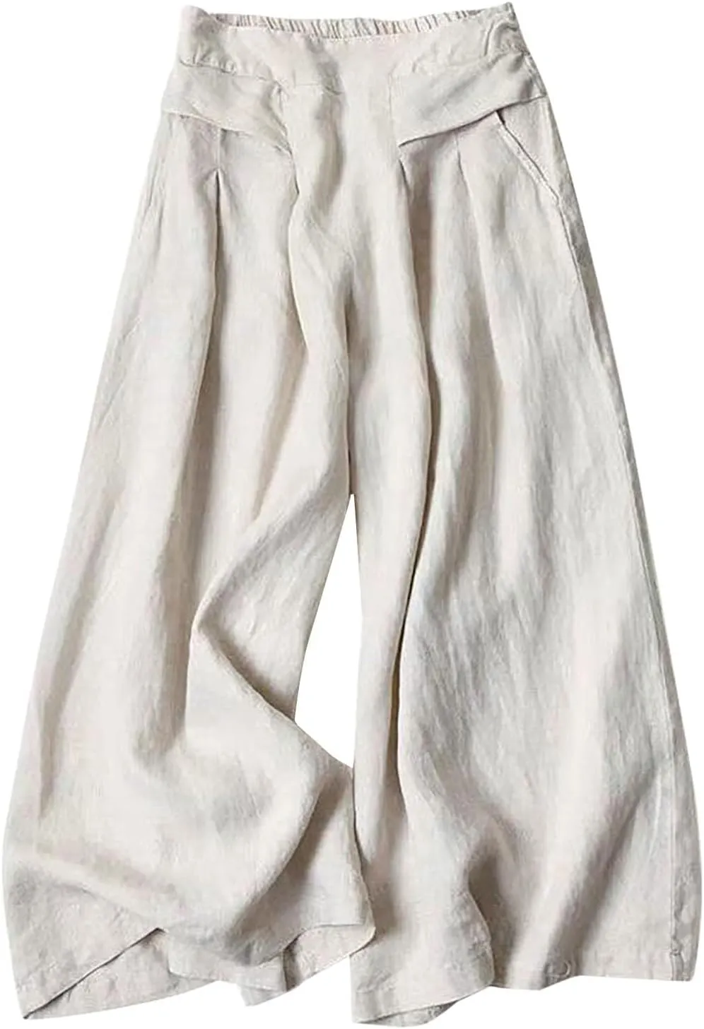 Women's Cotton Linen Palazzo Trousers Elastic Waist Wide Leg Capri Pants Summer Trendy Vacation Breathable Flowy Pant
