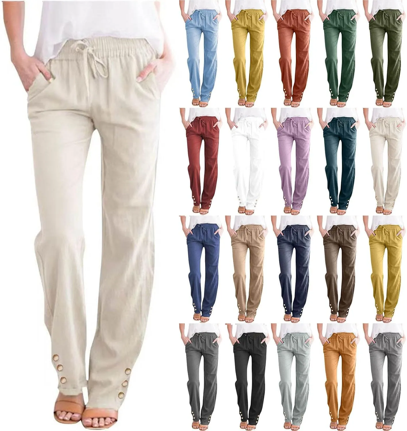 Womens Cotton Linen Pants High Waisted Drawstring Summer Pants Lightweight Straight Leg Palazzo Pants Lounge Trousers