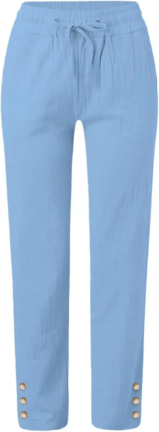 Womens Cotton Linen Pants High Waisted Drawstring Summer Pants Lightweight Straight Leg Palazzo Pants Lounge Trousers
