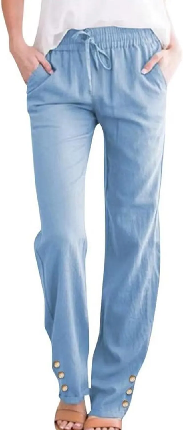 Womens Cotton Linen Pants High Waisted Drawstring Summer Pants Lightweight Straight Leg Palazzo Pants Lounge Trousers