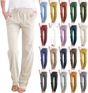 Womens Cotton Linen Pants High Waisted Drawstring Summer Pants Lightweight Straight Leg Palazzo Pants Lounge Trousers