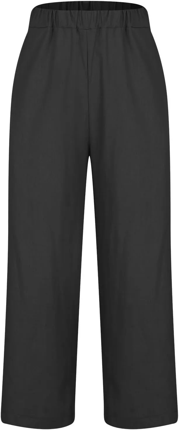 Women's Cotton Linen Pants Lightweight Straight Leg Slacks Retro Comfy Elastic Waist Lounge Trousers