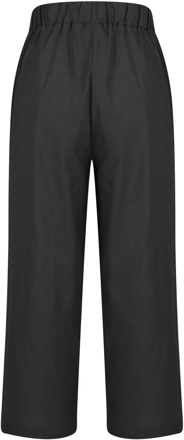 Women's Cotton Linen Pants Lightweight Straight Leg Slacks Retro Comfy Elastic Waist Lounge Trousers