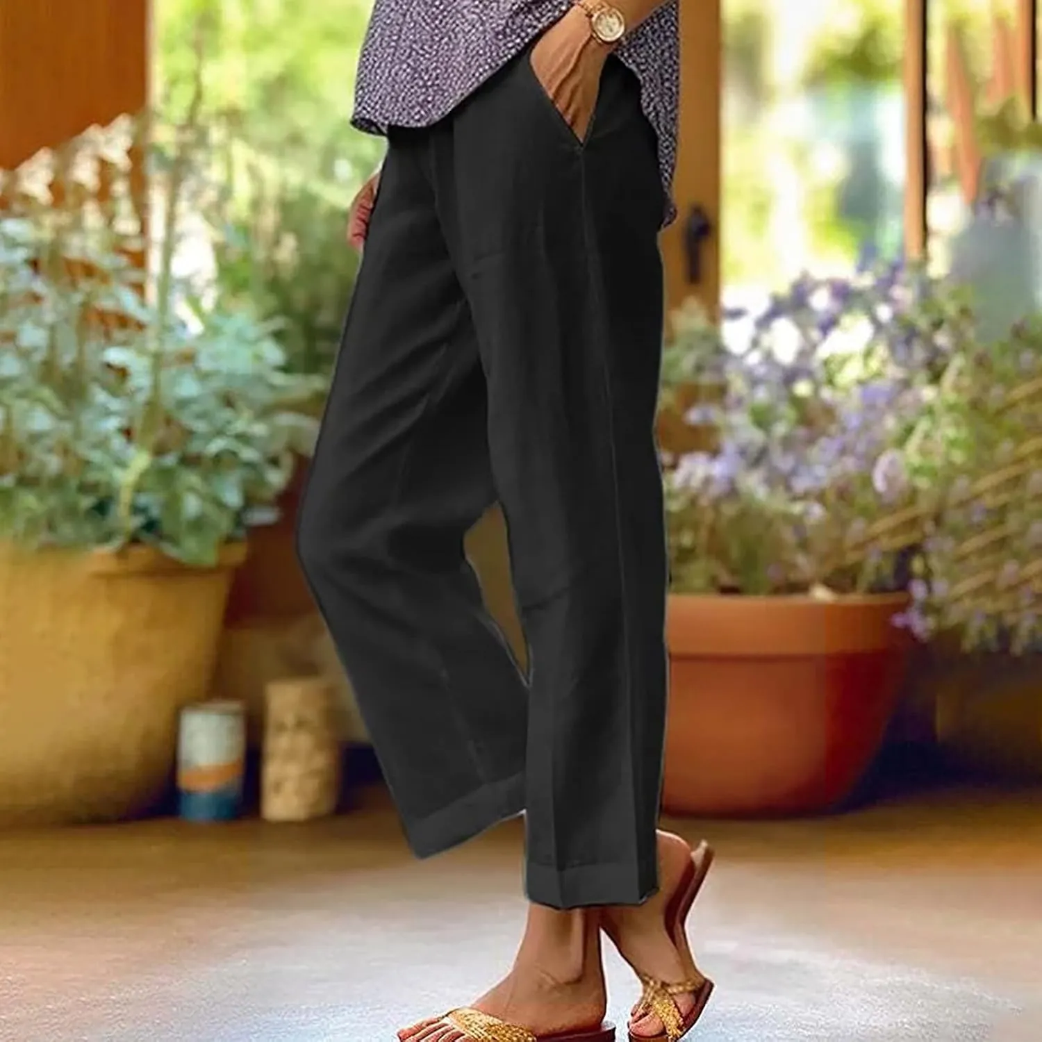 Women's Cotton Linen Pants Lightweight Straight Leg Slacks Retro Comfy Elastic Waist Lounge Trousers