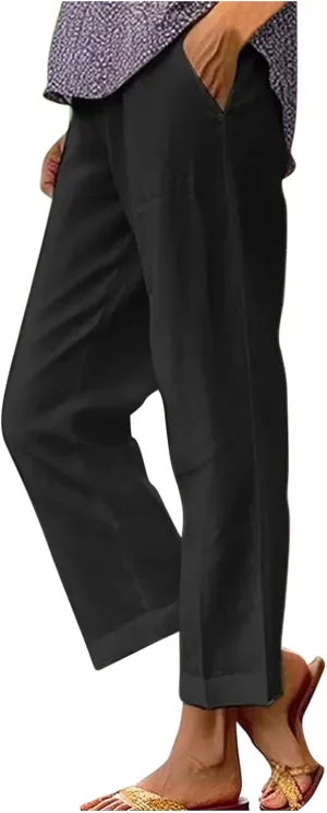 Women's Cotton Linen Pants Lightweight Straight Leg Slacks Retro Comfy Elastic Waist Lounge Trousers