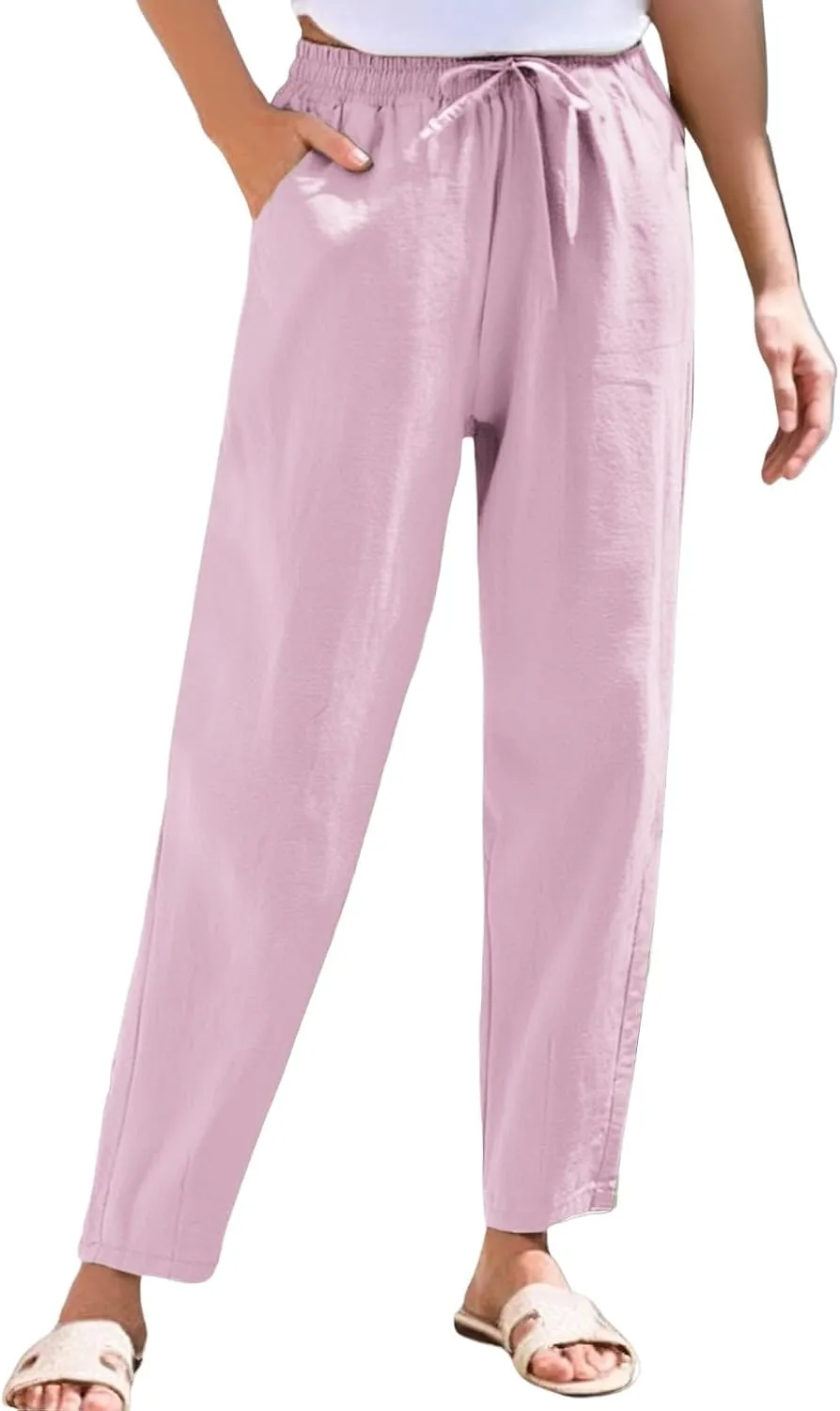 Womens Cotton Linen Pants with Pockets Drawstring Casual Summer Straight Leg Pants Lounge Baggy Beach Pants