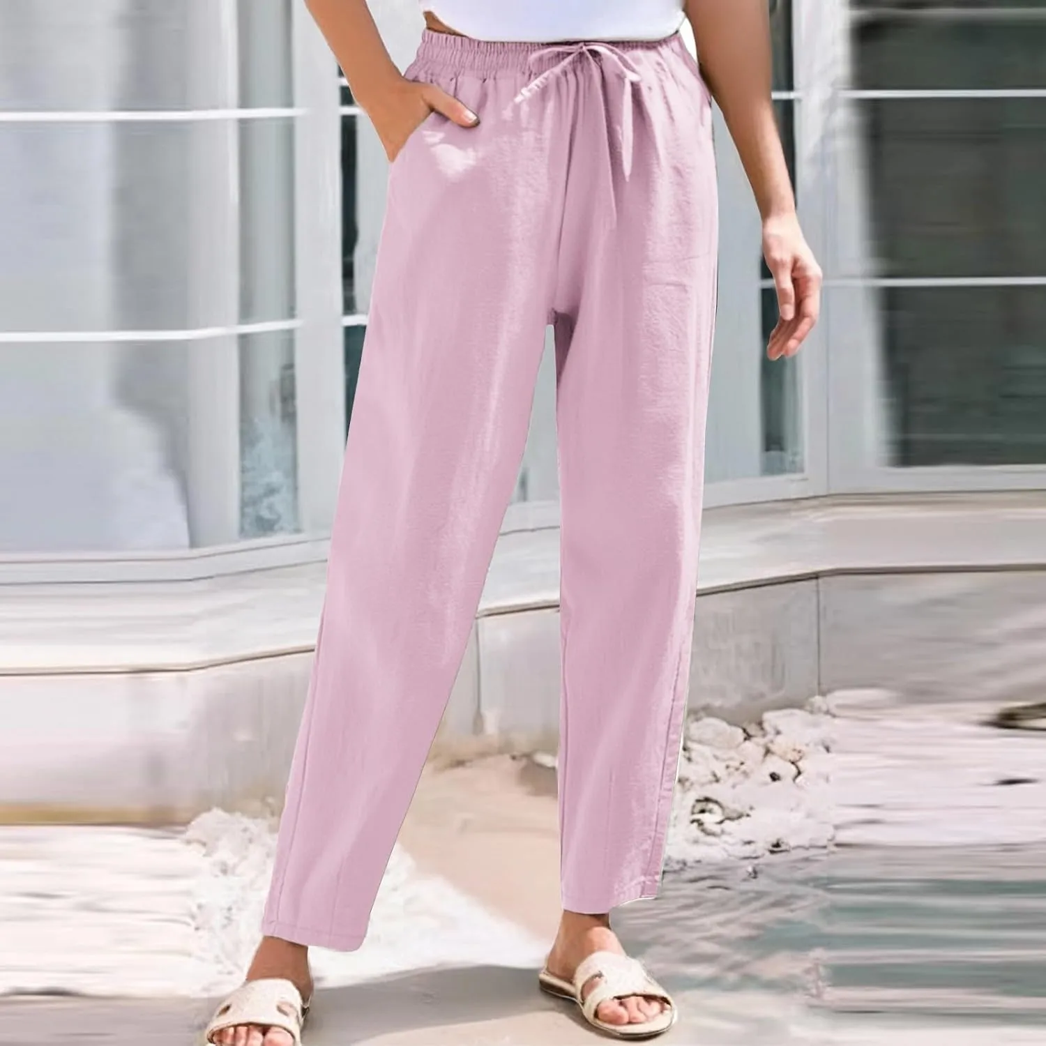 Womens Cotton Linen Pants with Pockets Drawstring Casual Summer Straight Leg Pants Lounge Baggy Beach Pants