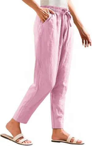 Womens Cotton Linen Pants with Pockets Drawstring Casual Summer Straight Leg Pants Lounge Baggy Beach Pants