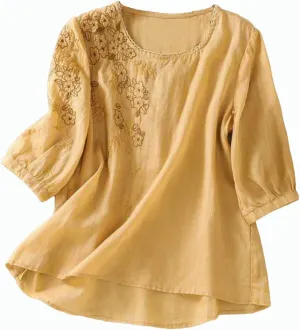 Women's Cotton Linen Shirts Short Sleeve Crewneck Blouse Casual Loose Fit T Shirt Tunic Tops for Summer Beach Vacation