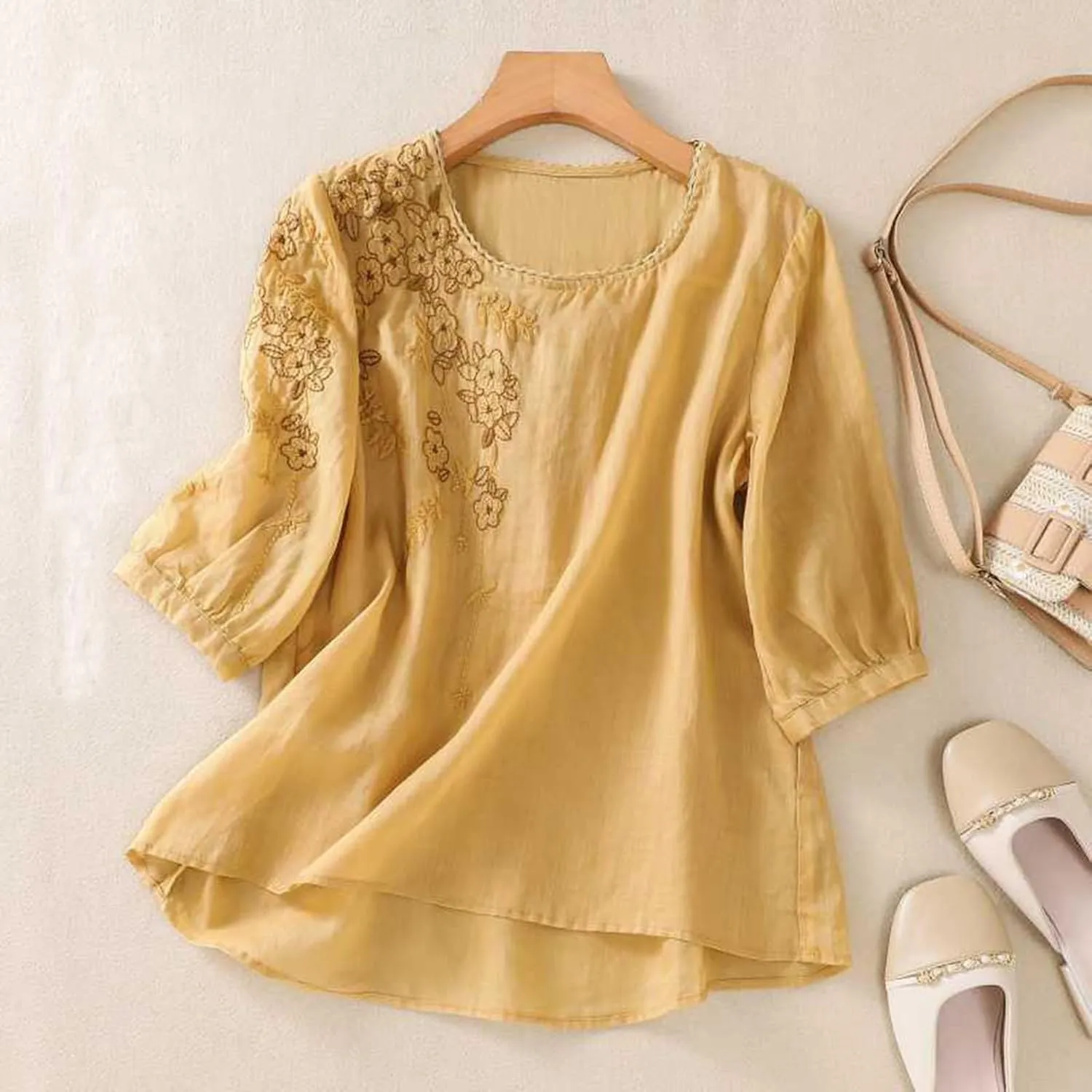 Women's Cotton Linen Shirts Short Sleeve Crewneck Blouse Casual Loose Fit T Shirt Tunic Tops for Summer Beach Vacation