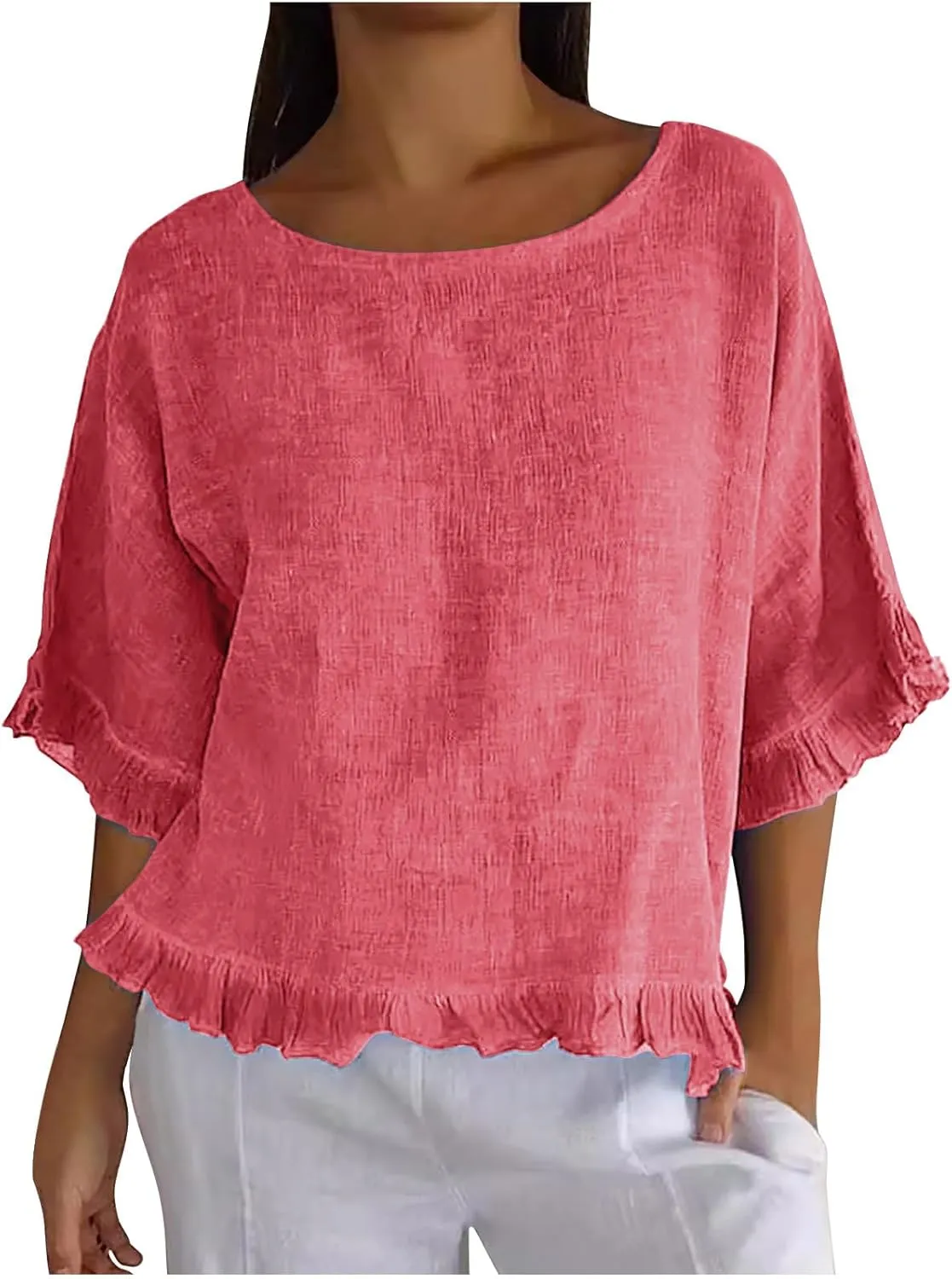 Women's Cotton Linen Tops Round Neck Ruffled Hem Sleeve Shirts Plain Loose Fit T Shirt Summer Trendy Blouse