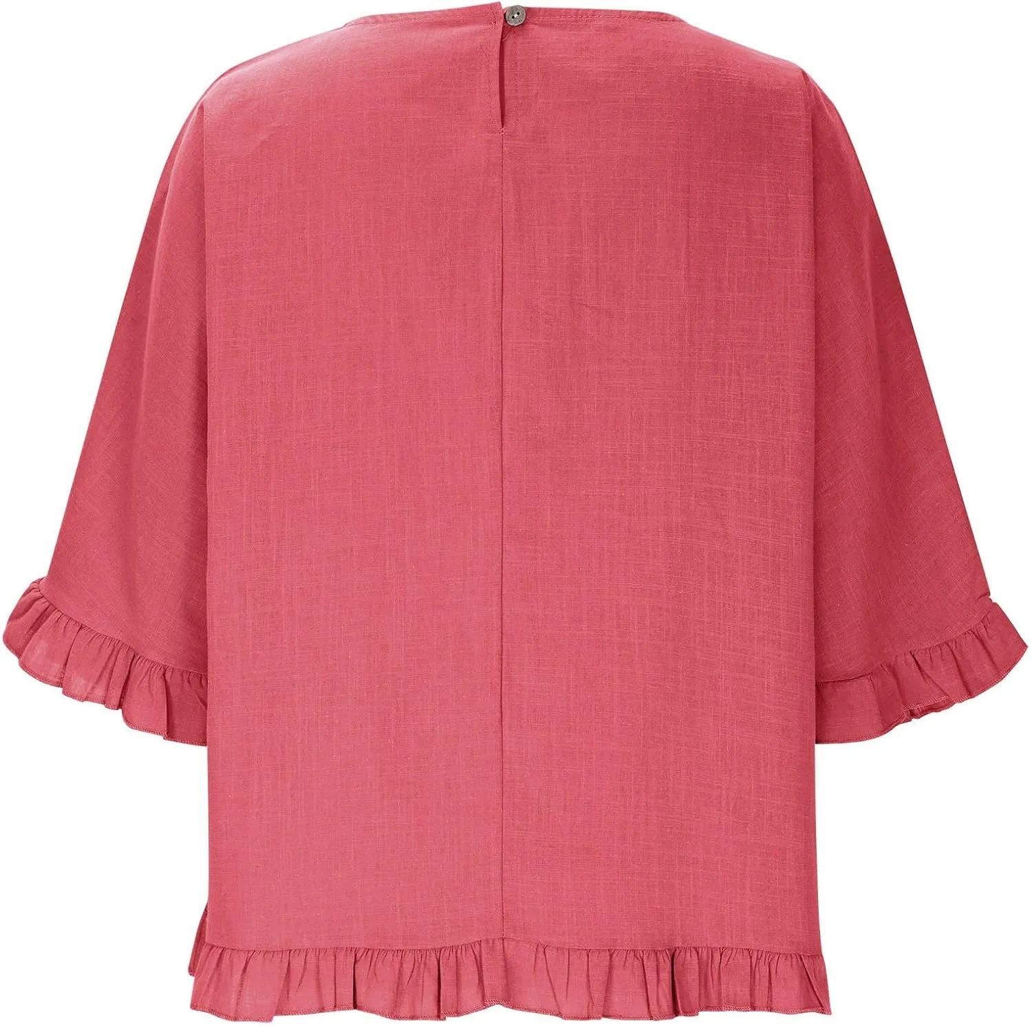 Women's Cotton Linen Tops Round Neck Ruffled Hem Sleeve Shirts Plain Loose Fit T Shirt Summer Trendy Blouse