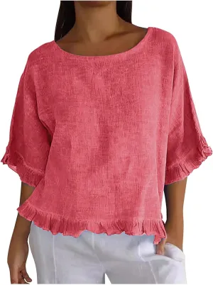 Women's Cotton Linen Tops Round Neck Ruffled Hem Sleeve Shirts Plain Loose Fit T Shirt Summer Trendy Blouse