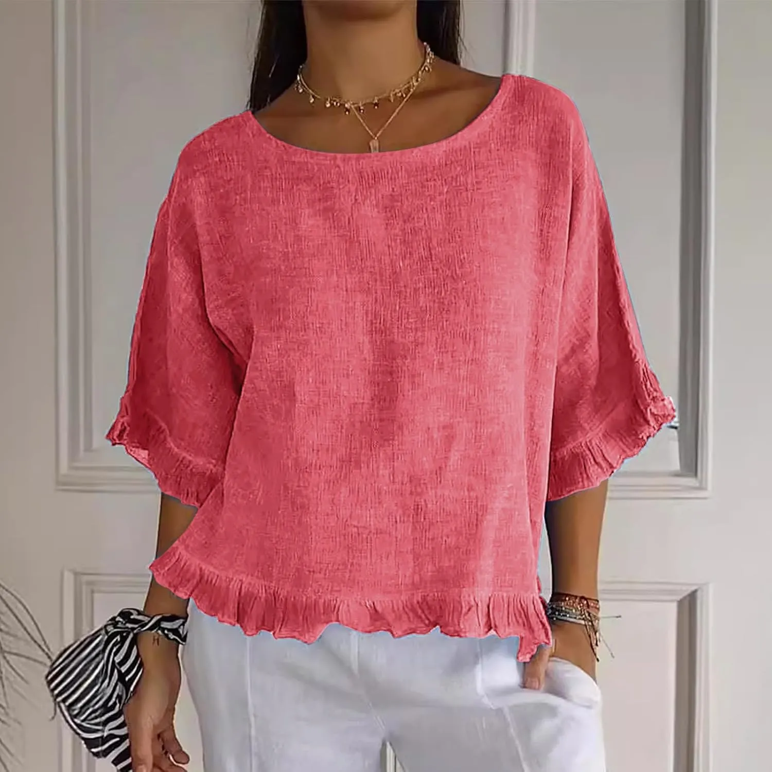 Women's Cotton Linen Tops Round Neck Ruffled Hem Sleeve Shirts Plain Loose Fit T Shirt Summer Trendy Blouse