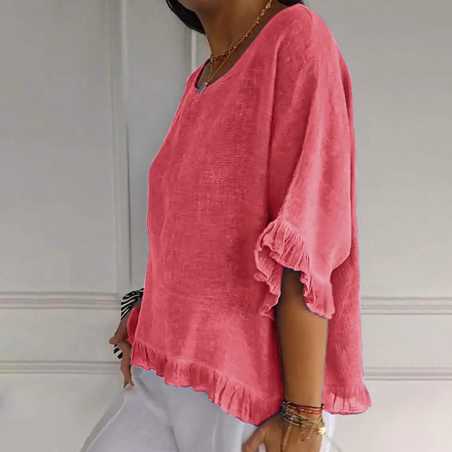 Women's Cotton Linen Tops Round Neck Ruffled Hem Sleeve Shirts Plain Loose Fit T Shirt Summer Trendy Blouse