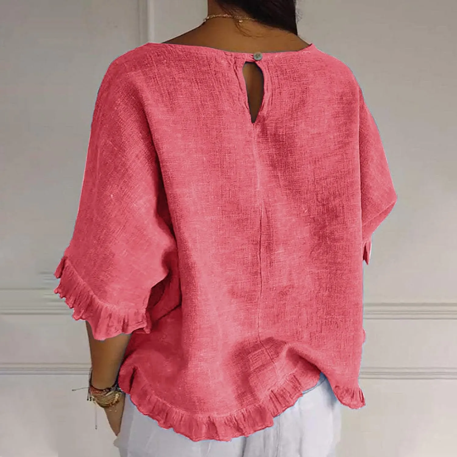 Women's Cotton Linen Tops Round Neck Ruffled Hem Sleeve Shirts Plain Loose Fit T Shirt Summer Trendy Blouse