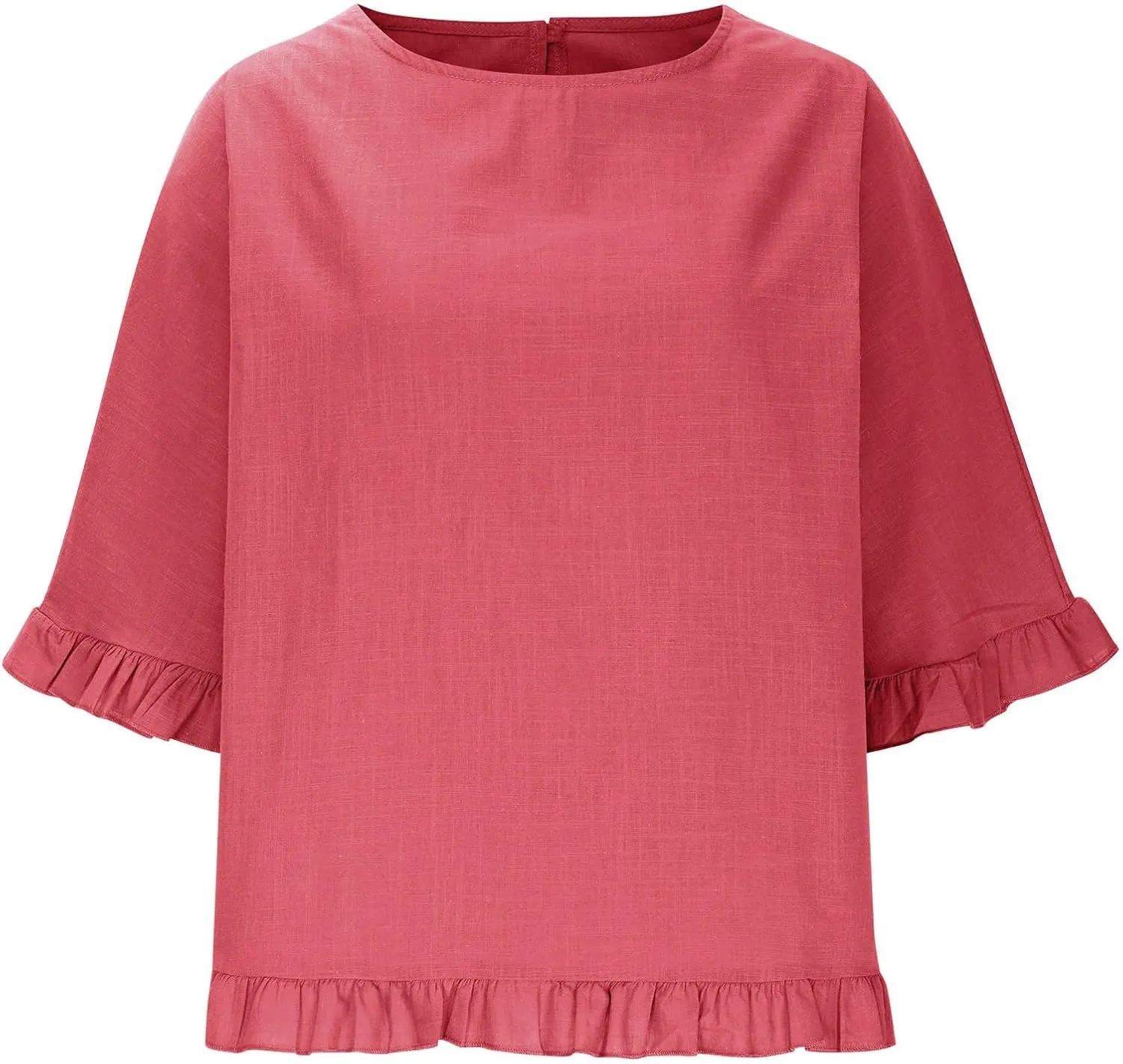 Women's Cotton Linen Tops Round Neck Ruffled Hem Sleeve Shirts Plain Loose Fit T Shirt Summer Trendy Blouse