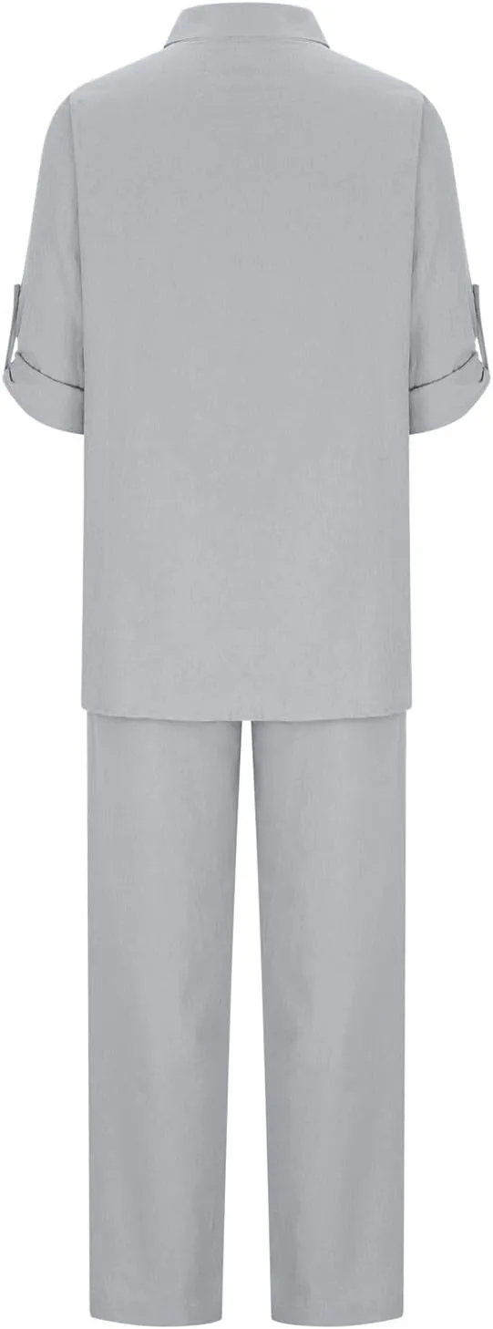 Women's Cotton Linen Two Piece Work Suits Summer Ladies Oversized Tops and Pants Sets Dressy Casual Solid Outfits