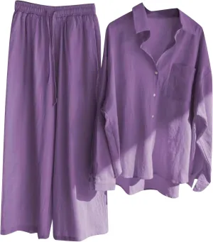 Women's Cotton Linen Two Piece Work Suits Summer Ladies Oversized Tops and Pants Sets Dressy Casual Solid Outfits
