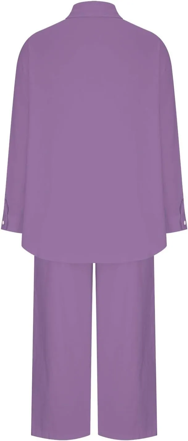 Women's Cotton Linen Two Piece Work Suits Summer Ladies Oversized Tops and Pants Sets Dressy Casual Solid Outfits