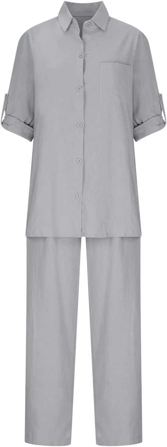 Women's Cotton Linen Two Piece Work Suits Summer Ladies Oversized Tops and Pants Sets Dressy Casual Solid Outfits