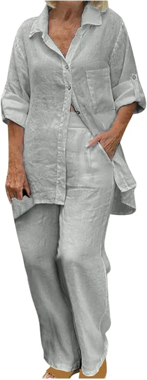 Women's Cotton Linen Two Piece Work Suits Summer Ladies Oversized Tops and Pants Sets Dressy Casual Solid Outfits
