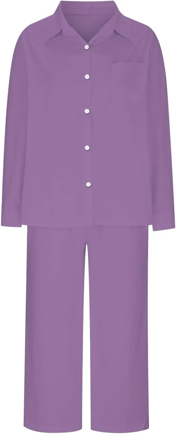 Women's Cotton Linen Two Piece Work Suits Summer Ladies Oversized Tops and Pants Sets Dressy Casual Solid Outfits