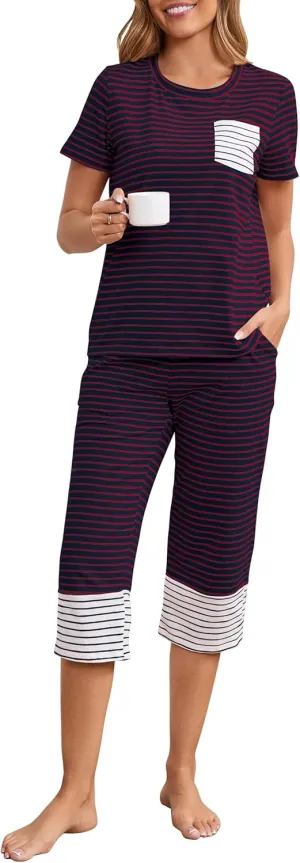 Womens Cotton Pajama Set Stripe 2 Piece Lounge Set Short Sleeve Capri Pj Set Comfy Loungewear Sleepwear with Pockets