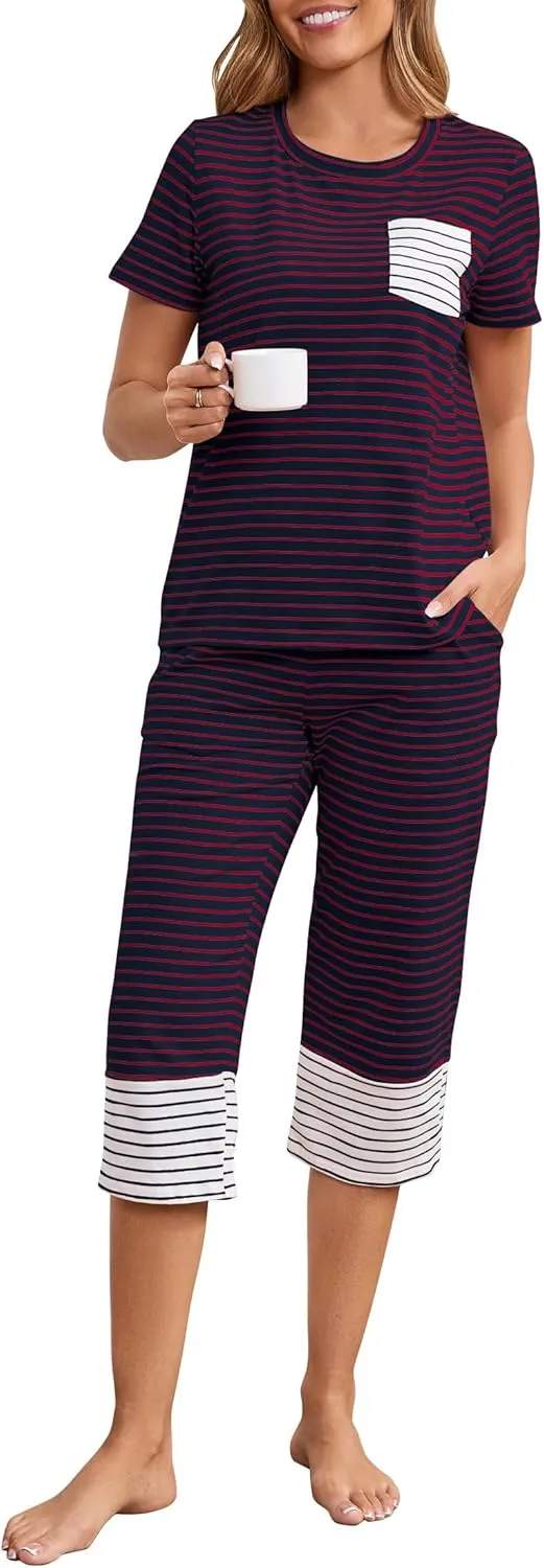 Womens Cotton Pajama Set Stripe 2 Piece Lounge Set Short Sleeve Capri Pj Set Comfy Loungewear Sleepwear with Pockets