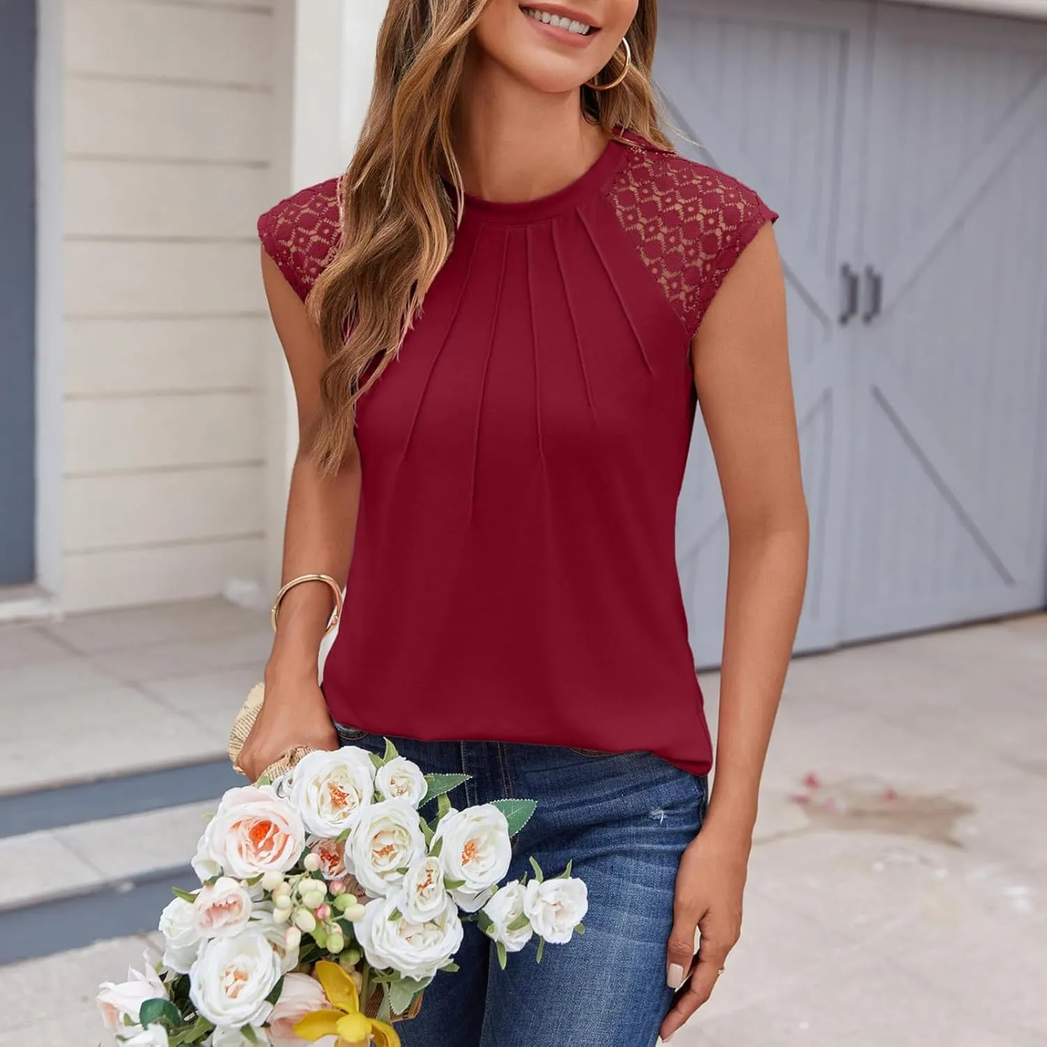 Womens Crewneck Pleated Front Tank Tops Contrast Lace Cap Sleeve T Shirts Dressy Casual Sleeveless Shirts Blouse