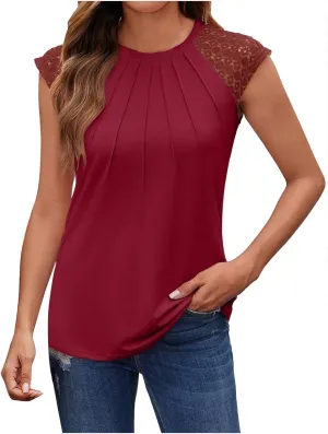 Womens Crewneck Pleated Front Tank Tops Contrast Lace Cap Sleeve T Shirts Dressy Casual Sleeveless Shirts Blouse