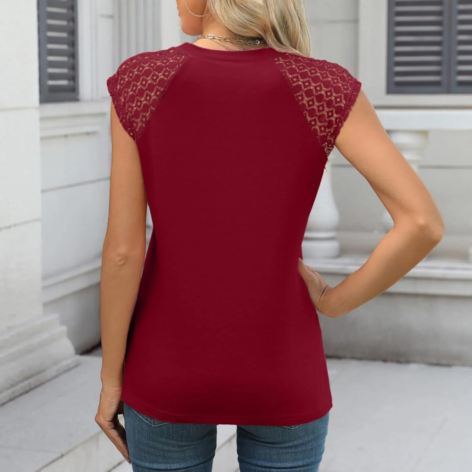 Womens Crewneck Pleated Front Tank Tops Contrast Lace Cap Sleeve T Shirts Dressy Casual Sleeveless Shirts Blouse
