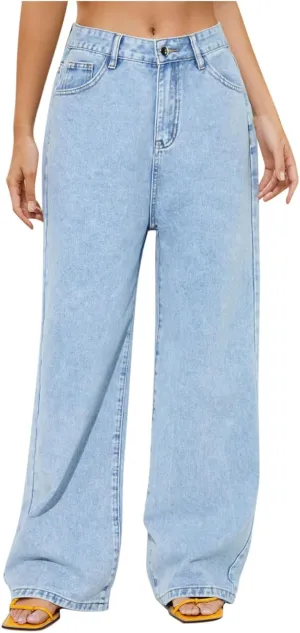 Women's Denim Pants Wide Leg Baggy Jeans High Waisted Stretch Loose Boyfriend Jeans with Pockets