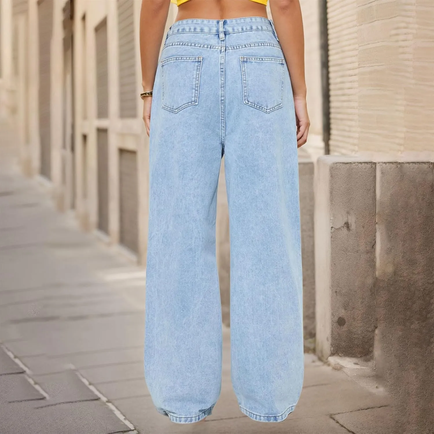 Women's Denim Pants Wide Leg Baggy Jeans High Waisted Stretch Loose Boyfriend Jeans with Pockets