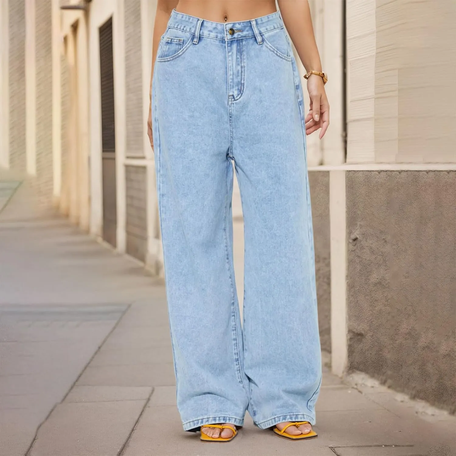 Women's Denim Pants Wide Leg Baggy Jeans High Waisted Stretch Loose Boyfriend Jeans with Pockets