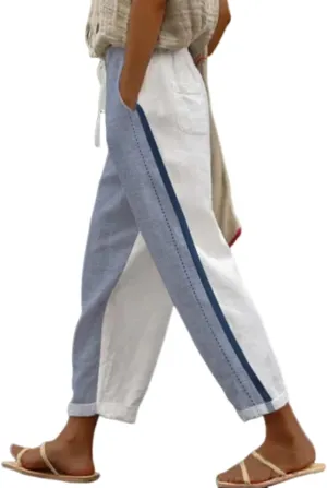 Womens Floral Prirted Linen Pants Summer Beach Summer Loose Fit Straight Leg Crop Trousers with Pockets