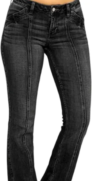 Women's Fringe Washed Bootleg Jeans Ripped Flare Low Rise Fitted Denim Pants Classic Stretch Curvy Bootcut Jeans