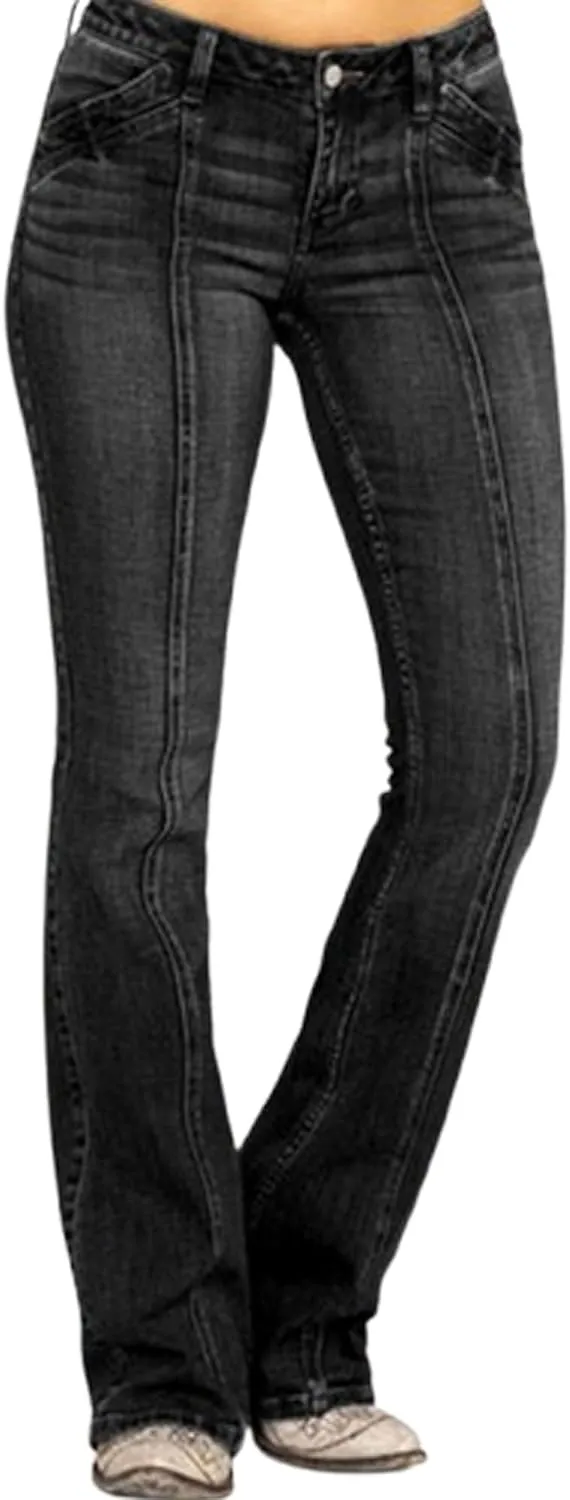 Women's Fringe Washed Bootleg Jeans Ripped Flare Low Rise Fitted Denim Pants Classic Stretch Curvy Bootcut Jeans
