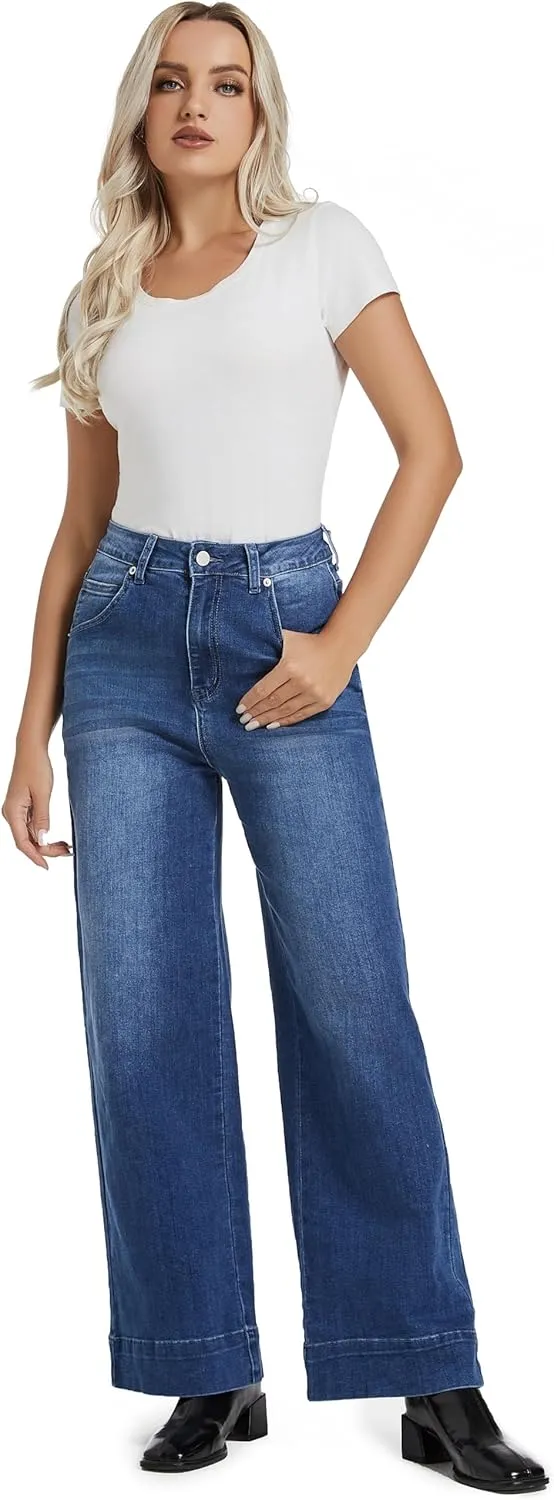 Womens Hig Waisted Jeans Comforts Straight Leg Loose Stretchy Lightweight Tummy Control Trendy Jeans for Women