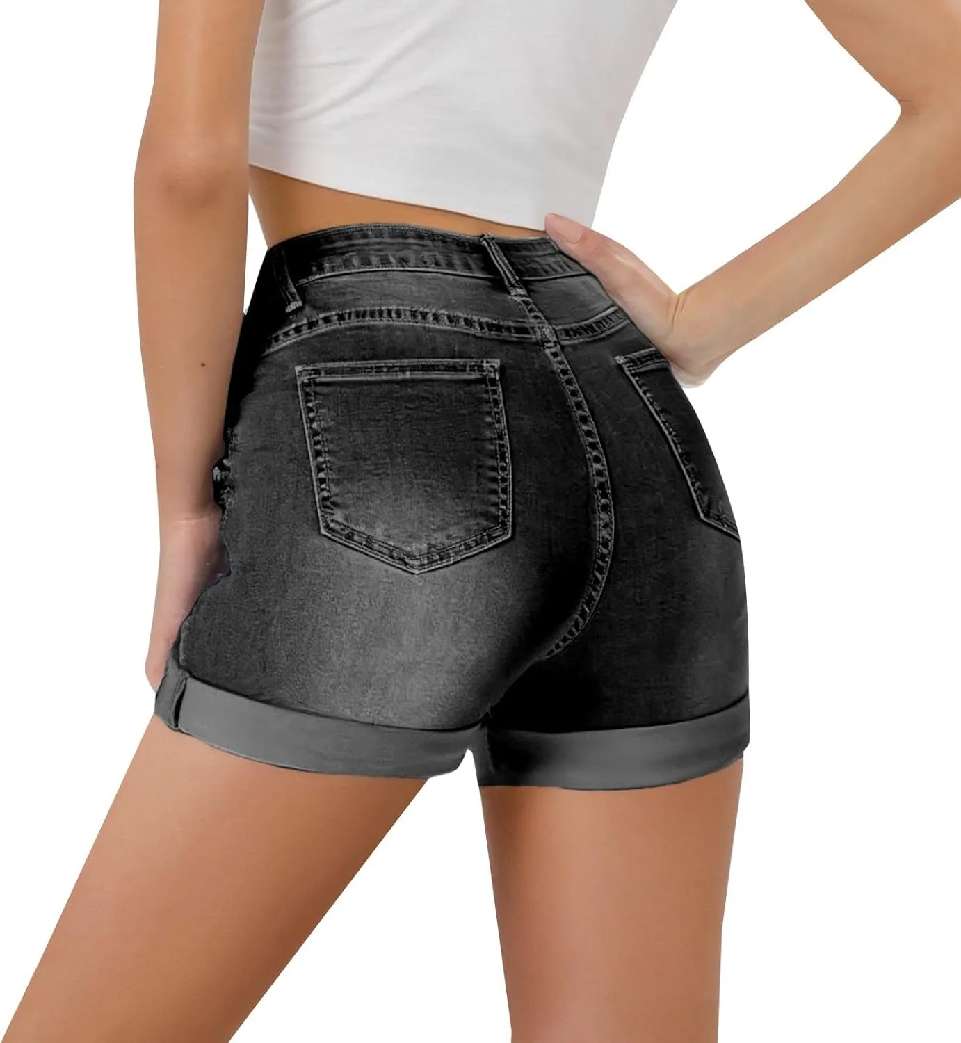 Women's High Waisted Rolled Hem Distressed Jeans Ripped Denim Shorts Casual Frayed Short Jeans with Pockets