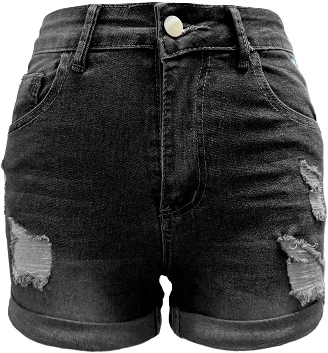 Women's High Waisted Rolled Hem Distressed Jeans Ripped Denim Shorts Casual Frayed Short Jeans with Pockets