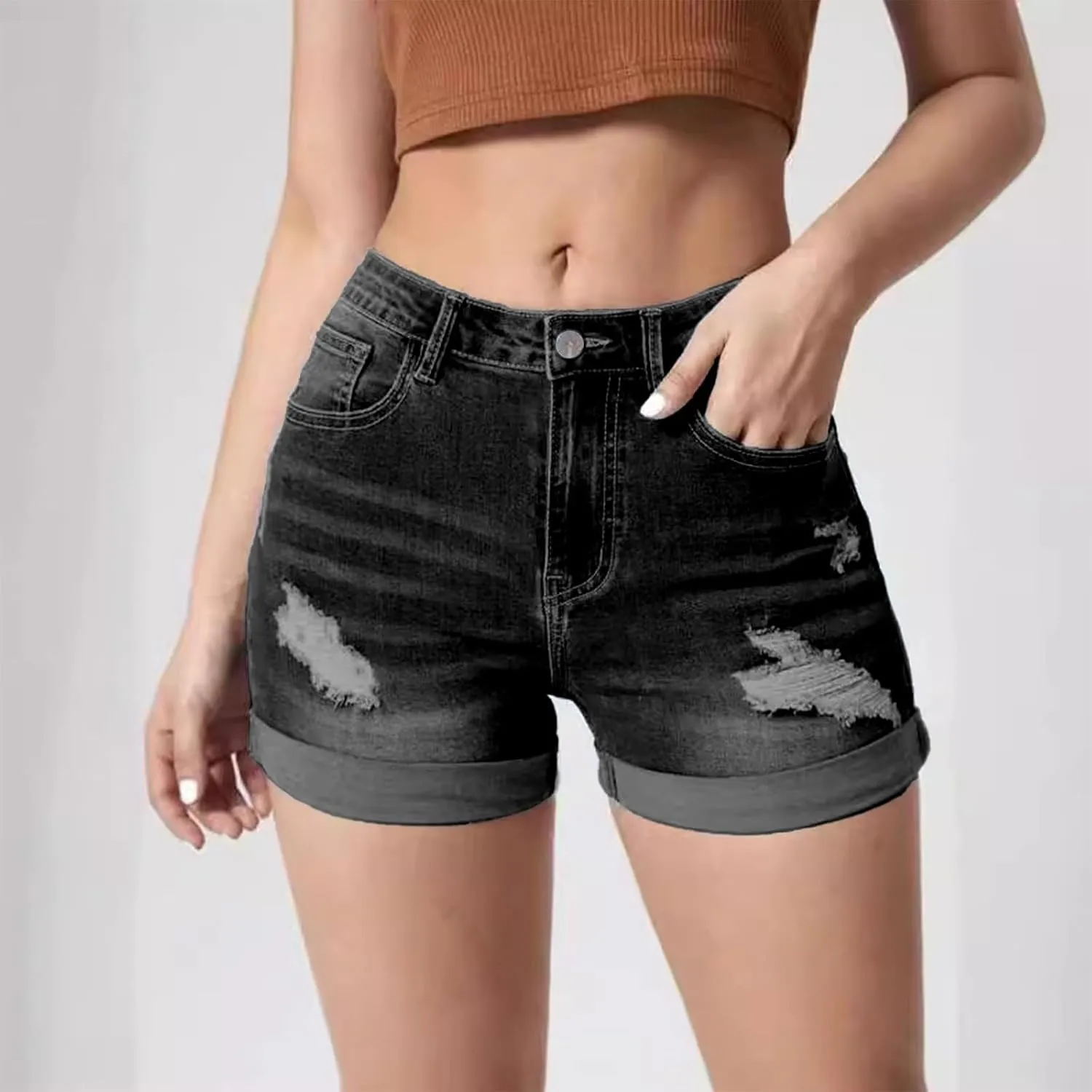 Women's High Waisted Rolled Hem Distressed Jeans Ripped Denim Shorts Casual Frayed Short Jeans with Pockets